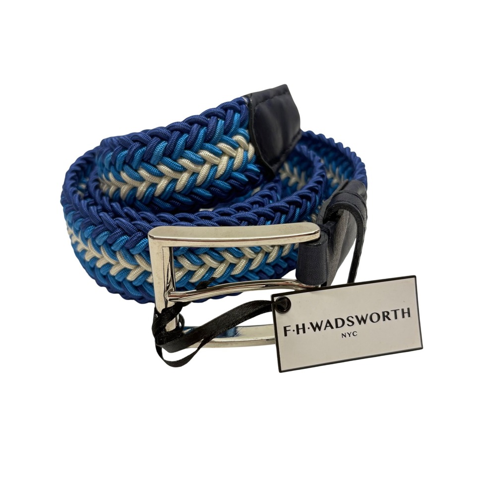 F.H. Wadsworth Belt Mens 32 Blue Woven Braided Leather Trim Handmade Nautical